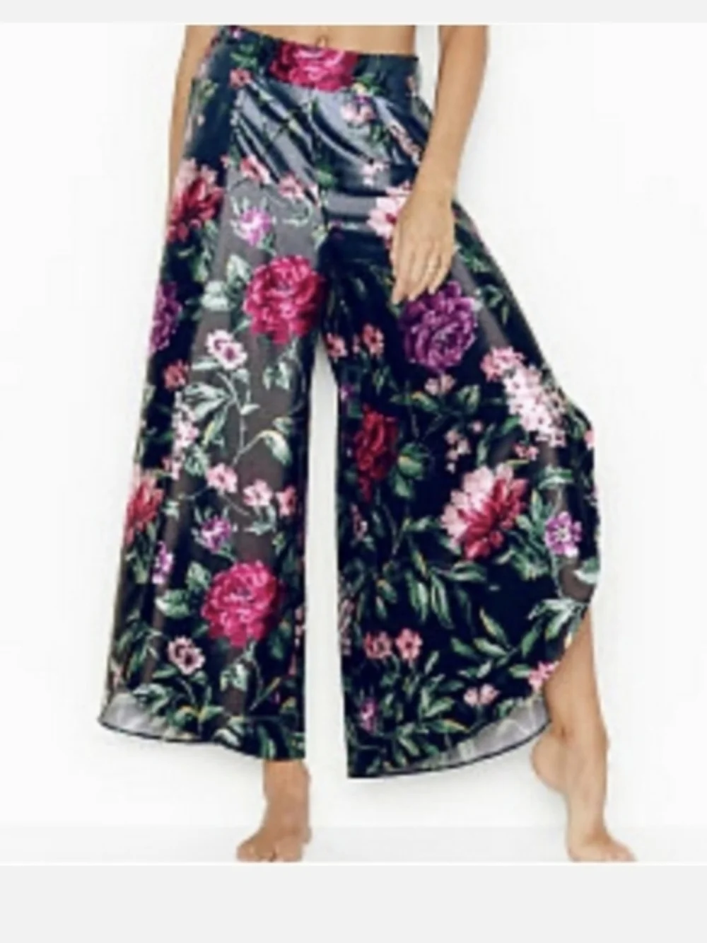 Victoria's Secret Black Satin Floral High-Slit  Pajama Pants I Used As Pants